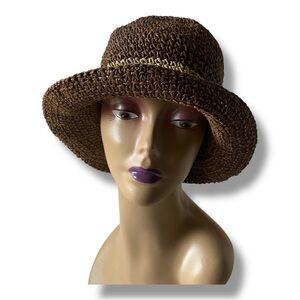 D & Y Woven Crochet Straw Bucket Sun Hat Neutral Brown/Tan/Sage Women's OSFM